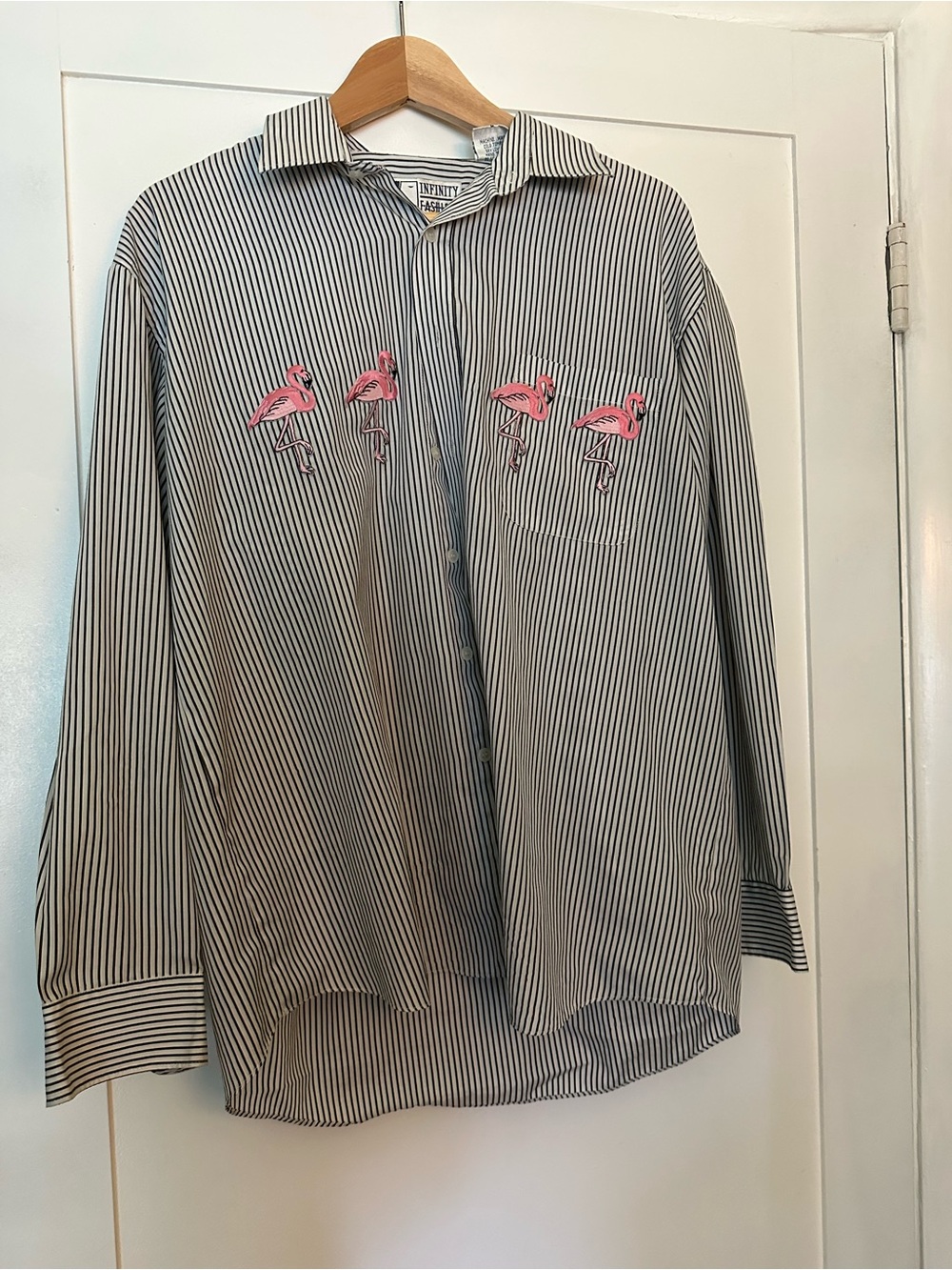 Black & White Stripe Shirt with Pink Flamingo Embroidery